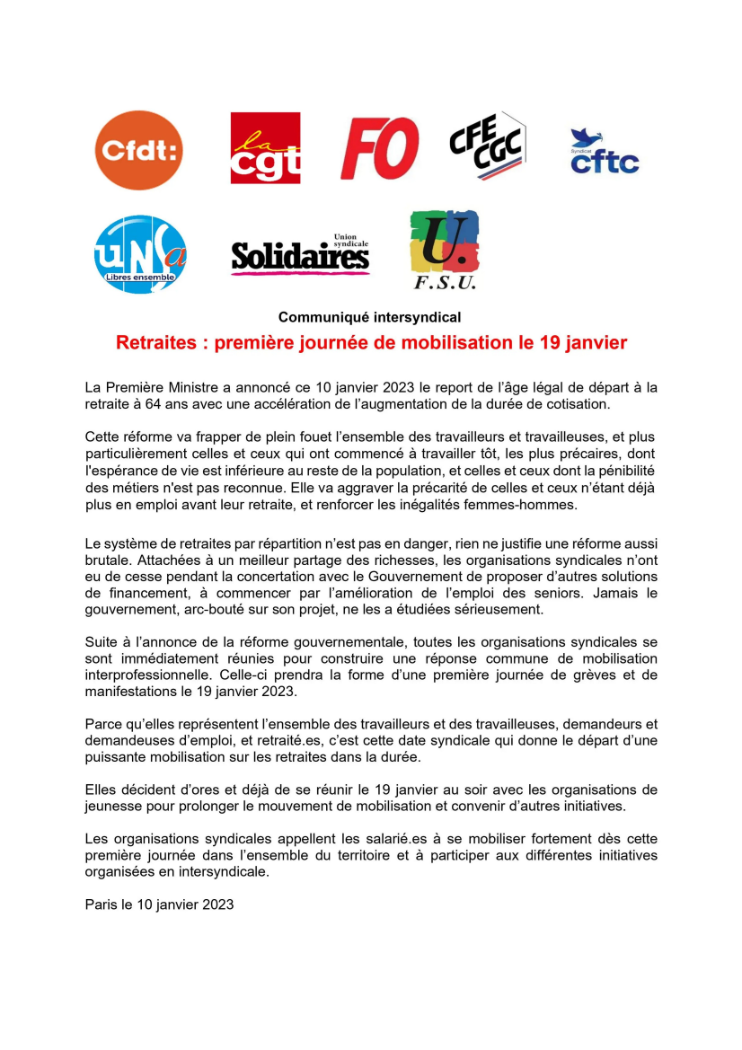 Appel Solidaires 54 et Intersyndical 19 janvier 2023