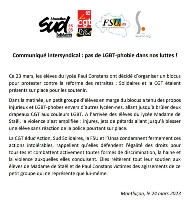 CommuniquéUnitaireLgbtPhobieMontluçonMars2023
