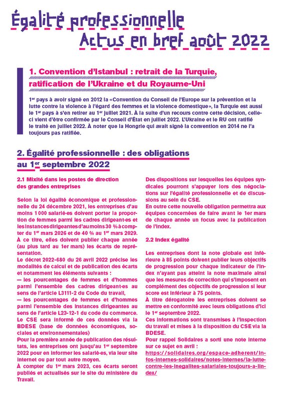 Egalité professionnelle Actualités en bref août 2022